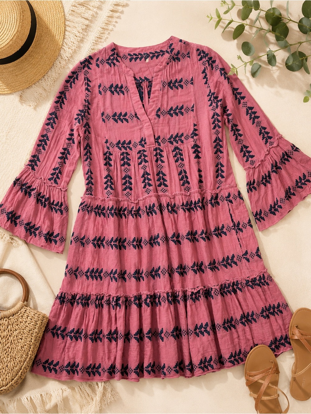 Elan boho mini dress embroidered navy rose bell sleeve Size S